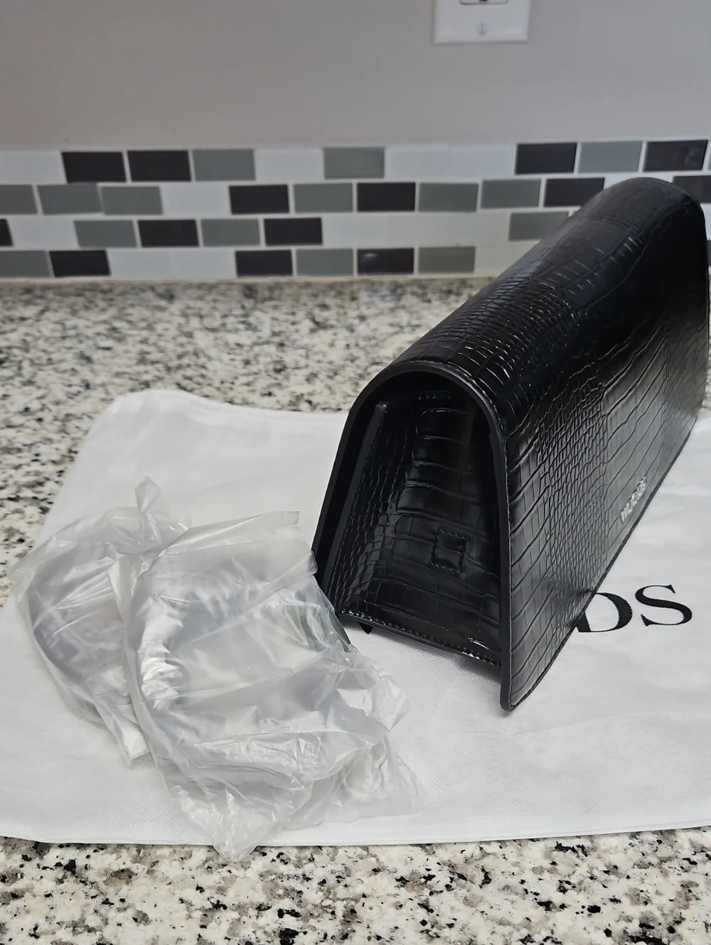 WOODS BY JORDYN MINI TUX CLUTCH, BLACK CROC EMBOSSED